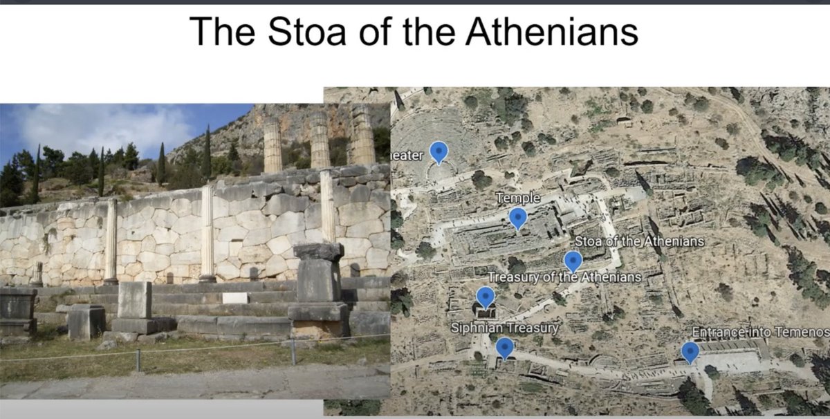 This is a stark contrast from the Greek Stoa of the Athenians in the Sanctuary of Apollo at Delphi. As is said in (c), the stoa is specifically made to display the maximum wealth and finery of the Athenians, where the first objects people would see were fine spoils of war.