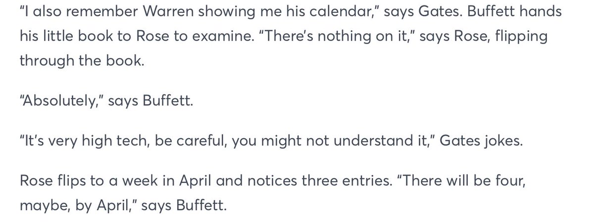 Buffett is famously unscheduled and spends most of his day reading and rarely works early mornings and late nights.