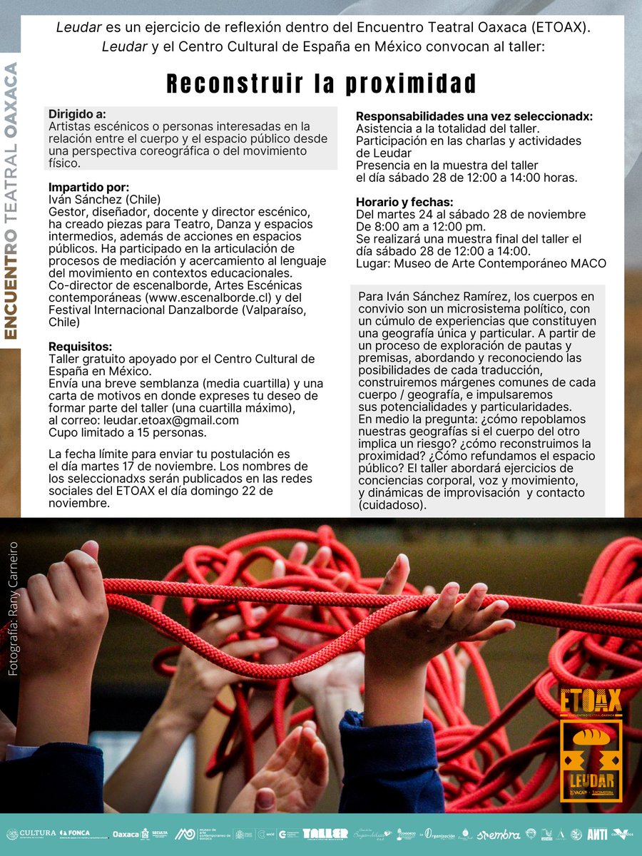ETOAX2's tweet photo. Leudar y el @ccemx te invitan, en el marco del ETOAX 2020 al:
Taller de movimiento: Reconstruir la proximidad. 
Postulaciones hasta el 17 de noviembre. 
https://t.co/RoDateqC3P https://t.co/mcsgo53peu