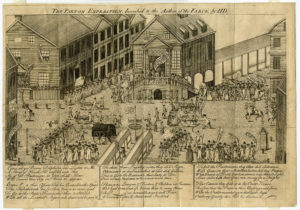 Here's Henry Dawkins's "The Paxton Expedition," a 1764 satire of Quakers arming themselves against the white western Paxton rioters; the image resembles what the 1742 election riot would have looked like, in front of the courthouse steps (where colonial Philadelphians voted)