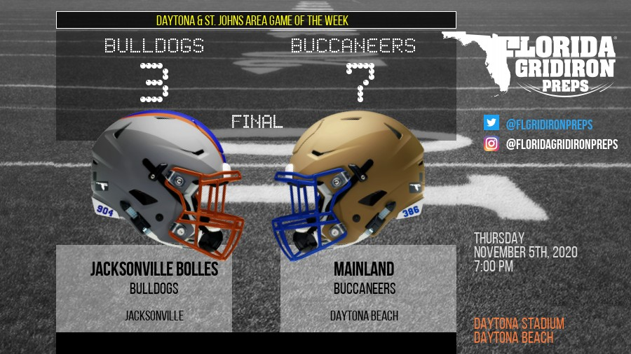 FLgridironpreps's tweet photo. ⭐️ DAYTONA &amp; ST. JOHNS AREA GAME OF THE WEEK 🌴🏈

BUCS BEAT THE BIG DOG

Mainland Buccaneers 7
Jacksonville Bolles Bulldogs 3
F

6-1 @MainlandBucs avenge last yr's 21-10 loss to eventual Class 4A Runner Up @Bolles_Football

https://t.co/b4oANIqGG6
#FLgridiron via @ChrisBoyleDBNJ https://t.co/Wb7Qg2NW5A