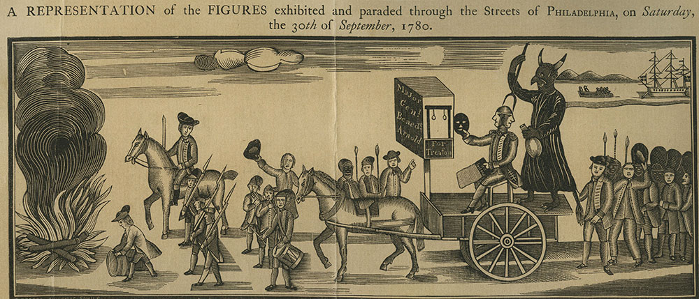 And here's a September 1780 representation of a Philadelphia parade (inspired by Pope Day processions, for which today, Nov. 5, is an anniversary) shaming Benedict Arnold for his treason.