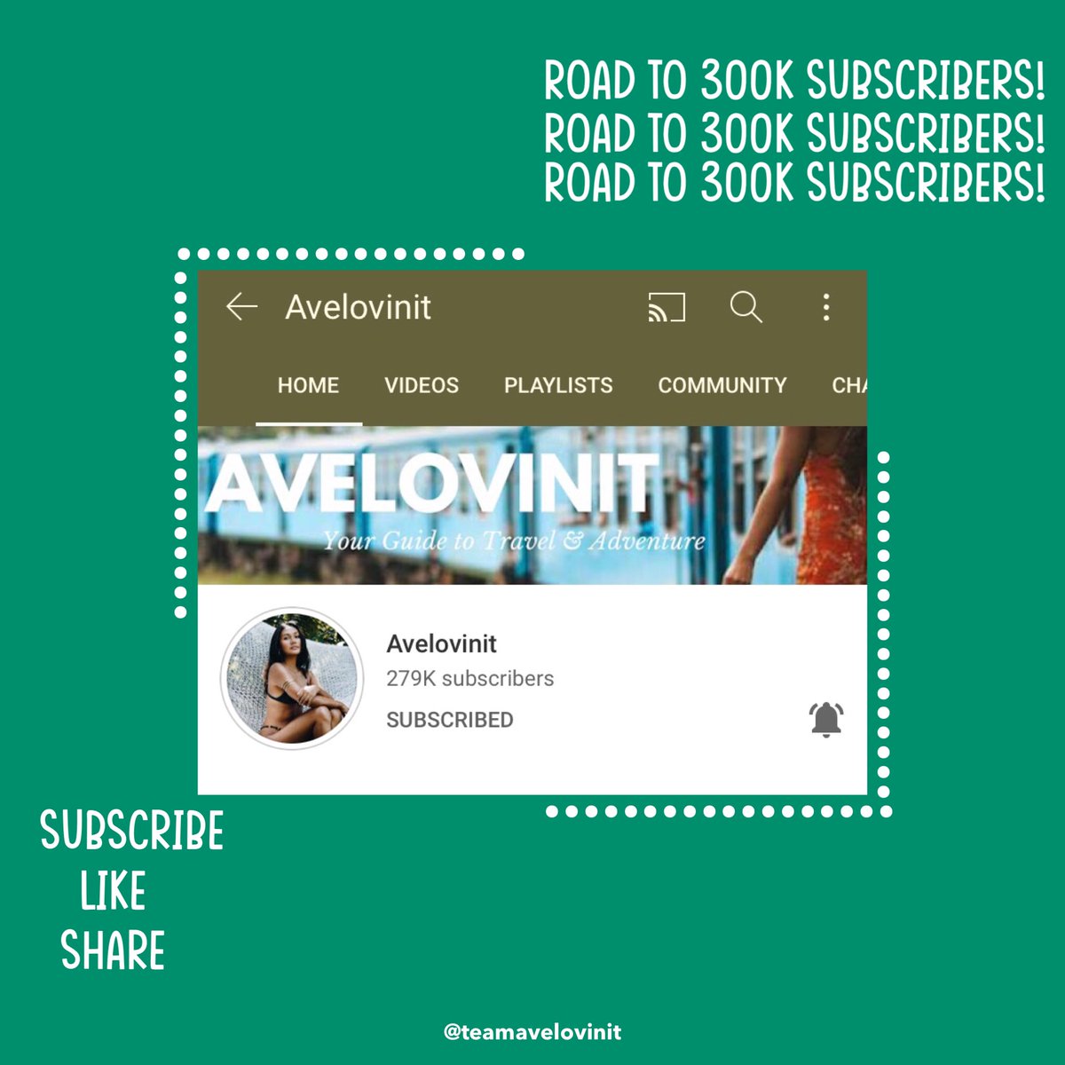 teamavelovinit's tweet photo. ROAD TO 300K Subcribers! Oh common! MORE! MORE! MORE! You deserve MORE SUBSCRIBERS mamah @avelovinit ❤️ Thank you for your vlogs! Keep it coming! #Avelovinit #teamavelovinit #avelovinitfam #trAVElvlogger #trAVElph #pinayyoutuber #youtuber #roadto1millionsubscribers https://t.co/p8VFkAIXlo