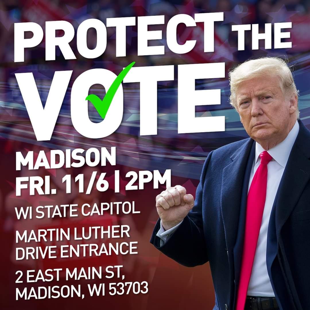 RedWaveConvoy's tweet photo. PROTECT THE VOTE RALLY
TOMORROW. 2PM
WI State Capitol
👉Free chartered bus ride to/from. Meet @ Hudson WI park &amp; ride, across from Target off 94. Reserve seats for your group by 10 pm tonight with steve@appleriver.com
Wear Trump gear, bring American/Back the Blue/Trump flags https://t.co/stM9koA6fW