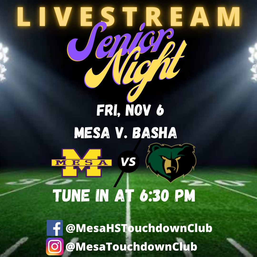 MesaTouchdown's tweet photo. Hello Jackrabbit &amp; Bears Fans

We will livestream the Mesa v. Basha Varsity game on FB &amp; IG! Turn on notifications! 

We will also livestream the Senior Nte event taking place before the start of the game! Tune in @ 6:30 to celebrate our Football Cheer &amp; Band Srs!

Carry On! 💜💛 https://t.co/Z5ZykXwZsr