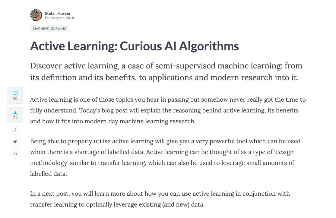 svpino's tweet photo. Here is a great article about a super-exciting Machine Learning algorithm called "Active Learning."

I've personally used this algorithm (with pool-based sampling) to label a dataset. Works like a charm!

Take a look at the post here: https://t.co/MUt2esdhFZ https://t.co/H4qJ18kDhM