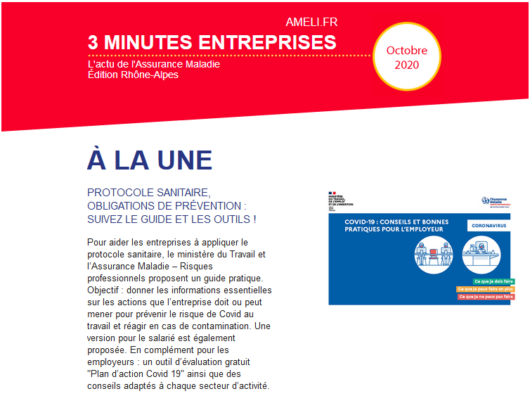 Carsat_RA's tweet photo. 📄 [#Newsletter] "3 minutes Entreprises - L'actu de l'Assurance Maladie". 📣 A la une du numéro du mois d'octobre ➡️  protocole sanitaire, obligations de prévention : suivez le guide et les outils! 🔗 https://t.co/UoRlpCVMQl CC @ameli_actu https://t.co/2zL6qXw1sM