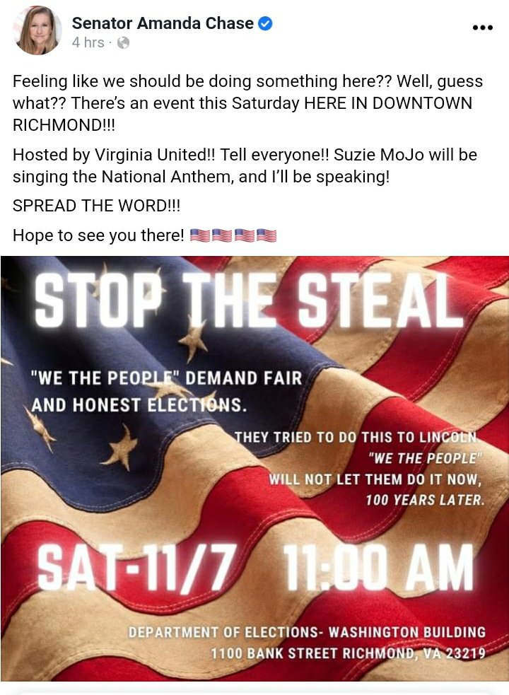 Eariler tonight Virginia State Senator Amanda Chase was promoting a similar protest event in Richmond on Saturday morning.