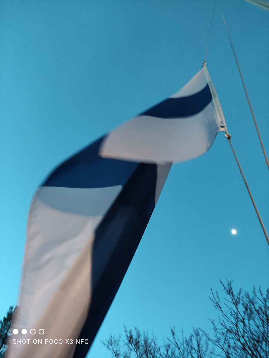 AnnaRaeHeumann's tweet photo. On this particular windy and cold morning I raised the #suomenlippu for the first time here in Oulu. It is particularly special in light of the #USElection2020 to be able to see how white and blue could look without the #red https://t.co/nvtSQpDEuE