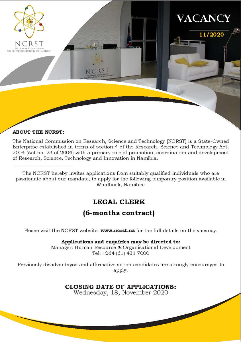 NCRST_Namibia's tweet photo. The NCRST has a vacancy of Legal Clerk (Temp) for you. Kindly visit our website @ https://t.co/S3VYCjFkMT for more details on the vacancy. Good Luck! https://t.co/KTLgg9FnqG