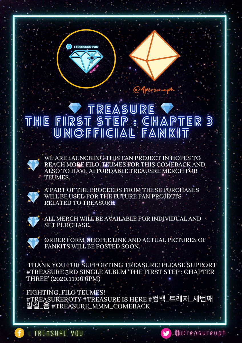 _4personaph's tweet photo. [HELP RT/WTS/LFB]

#TREASURE The First Step: Chapter 3 UNOFFICAL FANKIT 

💎 TREASURE IS BACK! 💎

Introducing the @itreasureuph x @4PersonaPH collab! Pre-order will be available on November 7, after comeback. 

ALL PRE-ORDER SETS WILL HAVE A POB. Dm for inquiries! ✨ https://t.co/q6CrDxTPMC