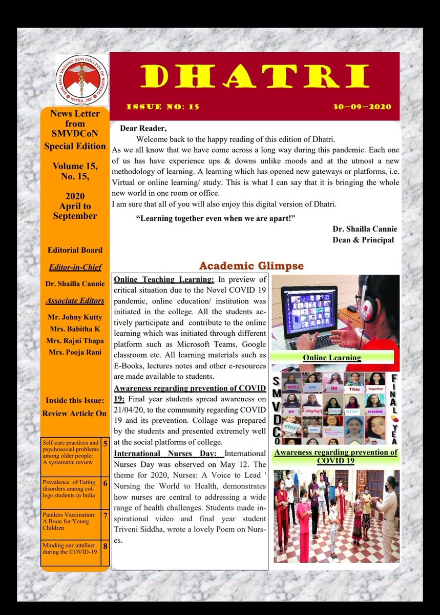 SMVDCoN's tweet photo. Newsletter from Smvdcon Kakryal 
Special Edition ,Volume 15,2020
Editorial Board
Editor-in-chief Shailla Cannie ,Dr.Shailla cannie
Associate Editors
Johnykutty Joseph ,
Babitha Johny
Rajni Thapa
Pooja Rani https://t.co/TvAEiEpI0I