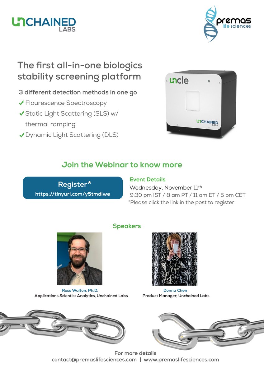 PremasLifeSc's tweet photo. Crank out all your stability data in just a few hours. @unchainedlabs brings the coolest UNCLE to Town, to know more register at https://t.co/xOVPxsZw6L
#proteinexpression #proteomics #spectroscopy #fluoroscence #dynamiclightscattering #staticlightscattering #AAV #encapsulation https://t.co/MQravkvilI