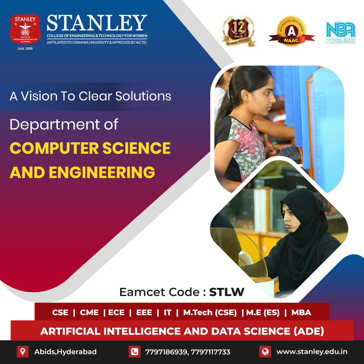 stanleywomensc1's tweet image. A vision to clear solutions with our B.Tech course in Department of Computer Science and Engineering.
Visit Here stanley.edu.in
#BTechCourse
#ComputerScienceAndEngineering
#ArtificialIntelligence #DataScience #ADE
#Vision #ClearSolutions
#Stanley