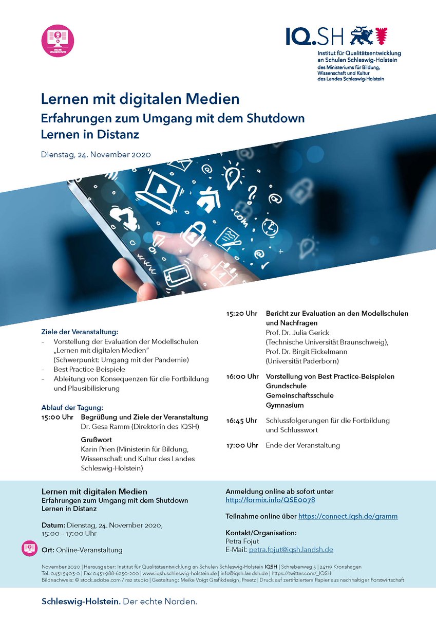 "Lernen mit digitalen #Medien" - auf unserem Online-Fachtag am 24.11. geht es um Erfahrungen von Schulen zum Umgang mit dem Shutdown + um Lernen in Distanz. Prof. Eickelmann u. Prof. Gerick stellen ihren Bericht zur Evaluation unserer SH-Modellschulen vor. schleswig-holstein.de/DE/Landesregie…