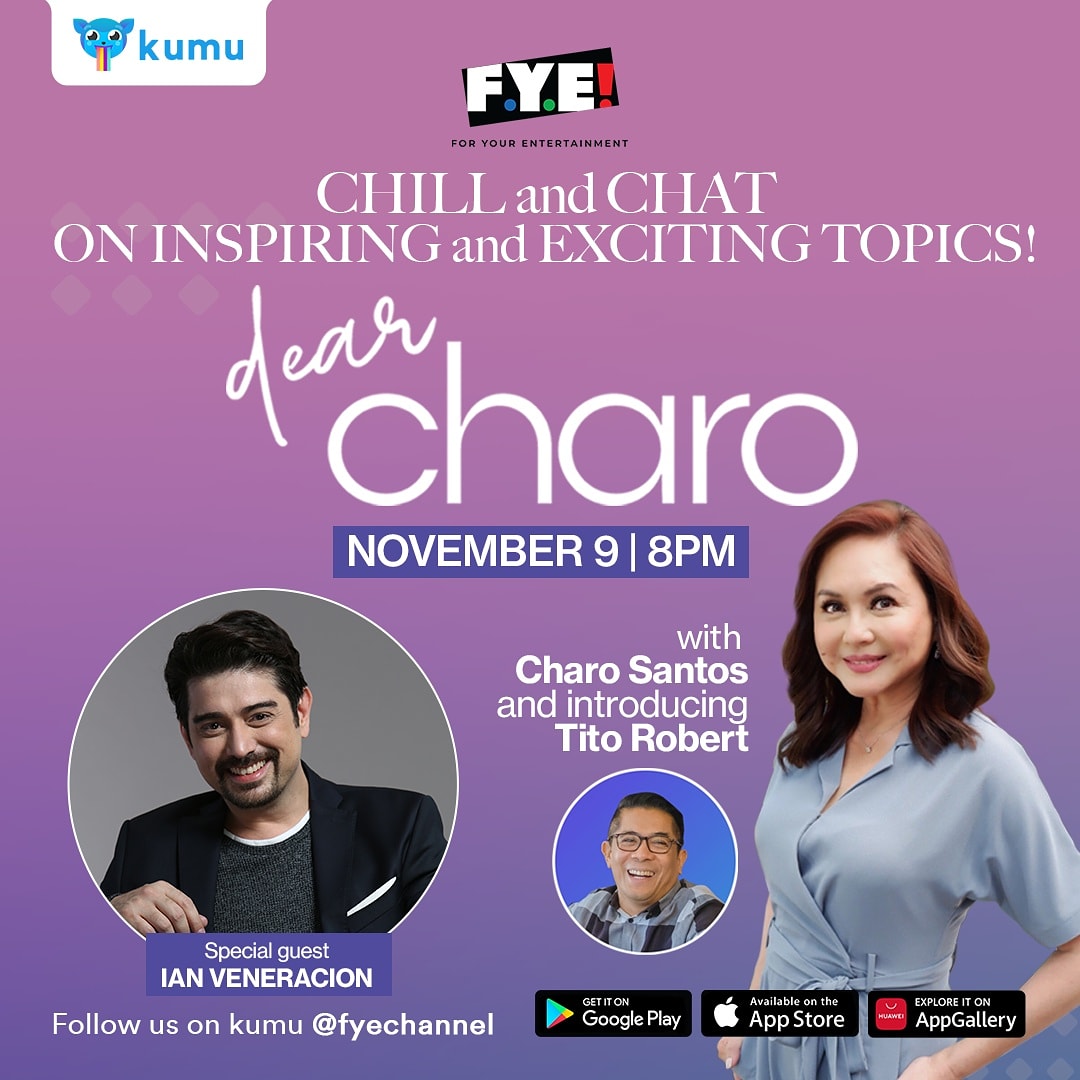 kumuPH's tweet photo. Kwento naman ni @ianveneracion1 and ibibida sa 'Dear Charo'. Masaya at chill kwentuhan ito with Charo Santos and Tito Robert. 

Catch them LIVE on November 9, 8pm sa @kumuph app! Kita kits! 

#ianveneracion #charosantos #kumuph #kumufied #dearcharo https://t.co/BxJ51lQ07c