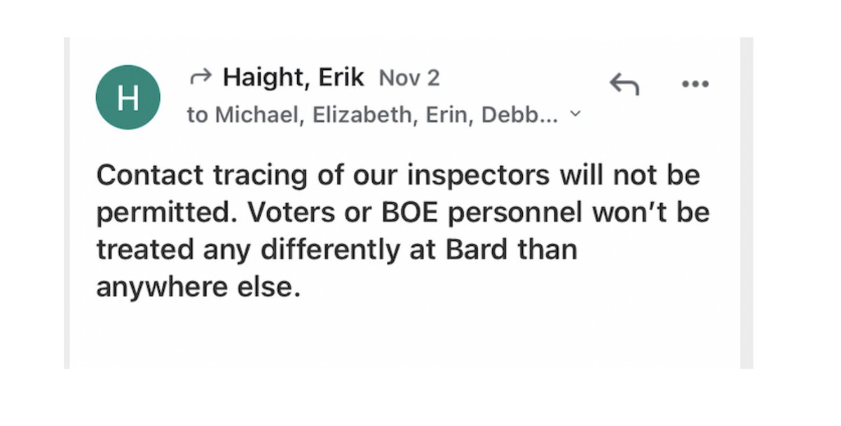 Poll worker in Fishkill has Covid. #RunawayCommissioner @ErikHaight blocked poll hosts from following state guidance on contract tracing of workers. Calls Sheriff (seriously!!!) when voters encouraged to reveal Covid+symptoms. Reform the BOE!!! <a href="/DutchessCoGov/">Dutchess County</a> <a href="/marcmolinaro/">Marc Molinaro</a>