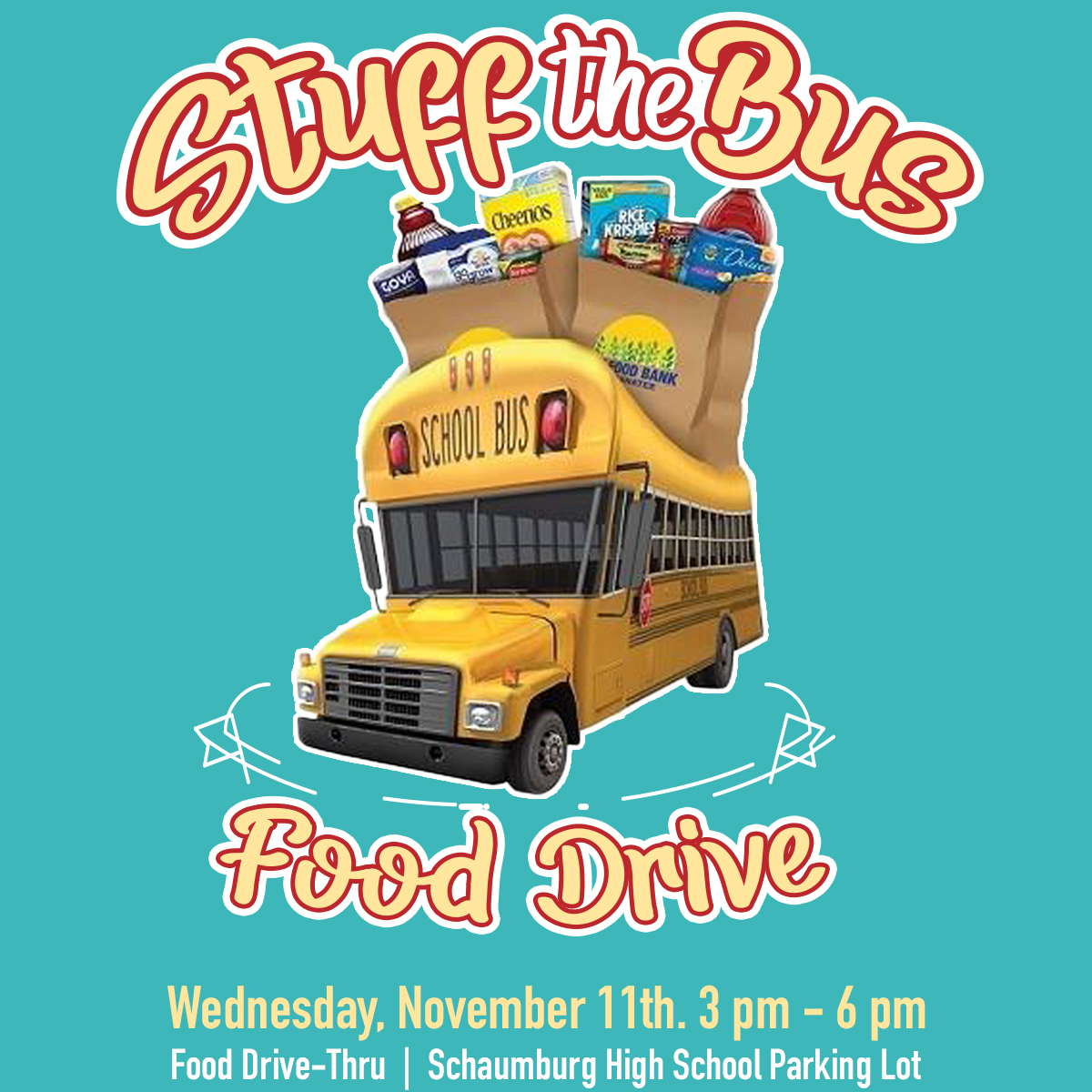 Please support the Township of Schaumburg as Saxons host their first annual "Stuff the Bus" community drive-thru food drive on  Wednesday, November 11 from 3 - 6 p.m. More details found here adc.d211.org/Page/8012 #WeAreSHS <a href="/Siegie_Saxon/">Schaumburg H. S.</a>