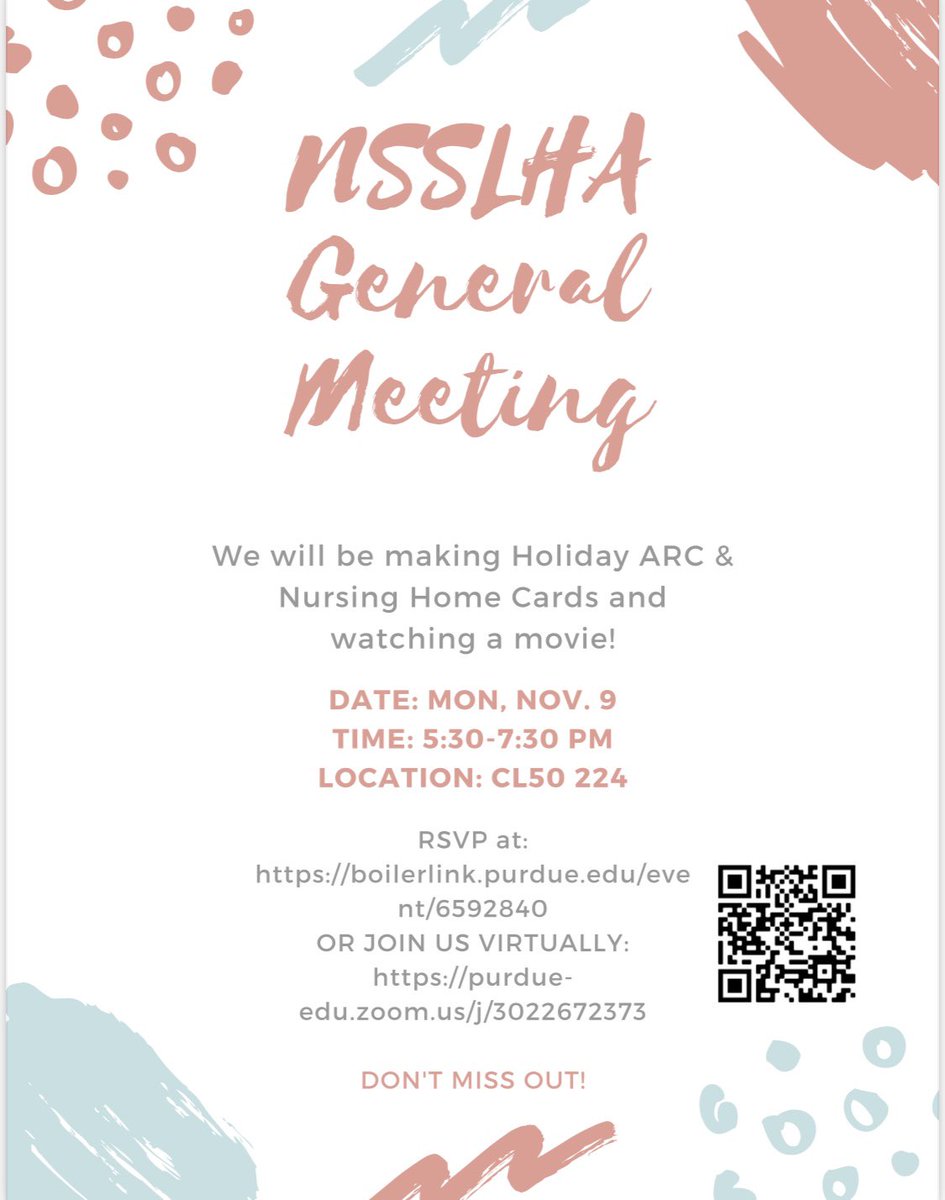 PurdueNSSLHA's tweet photo. Our November General meeting is this coming Monday at 5:30 PM! We will be making holiday cards and watching a movie (TBD). See you there! 💕 https://t.co/Jm8ryvgtVr