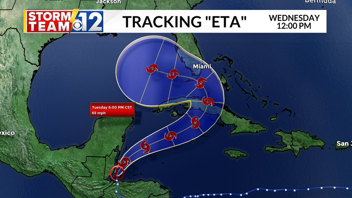 WHLT22's tweet photo. "Eta" is likely headed into the Gulf of Mexico by early next week as at least a tropical storm. Keep watching this space for updates on the path of "Eta" through early next week. https://t.co/Mkx8xm5x19