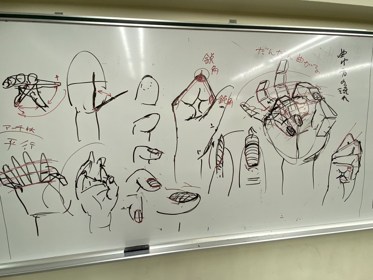 人体イラスト授業
今日は手。
解説することが多すぎて二時間ずっと解説していたけど、全然足りなかった。 