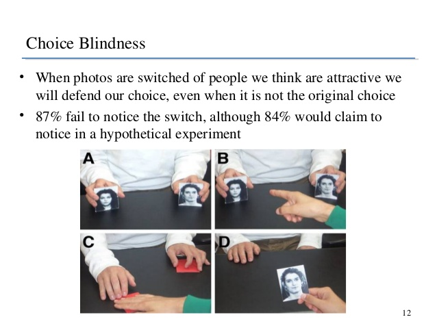 Another related experiment is the choice blindness experiment, where the brain finds a way to explain pre-made decisionsBecause we are still able to explain the choices that we didn't necessarily choose, this gives us an illusion of agency in the moment of decision-making