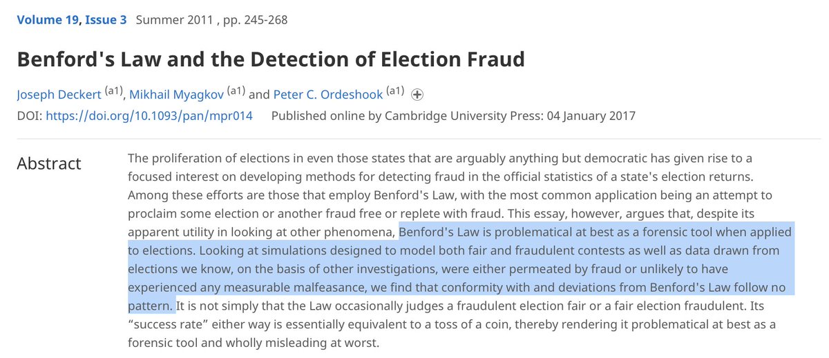86/ So I kept digging. And I found another study, coming to the same conclusion, with three authors. They are from Cambridge University.Ever heard of it?NEXT  https://www.cambridge.org/core/journals/political-analysis/article/benfords-law-and-the-detection-of-election-fraud/3B1D64E822371C461AF3C61CE91AAF6D