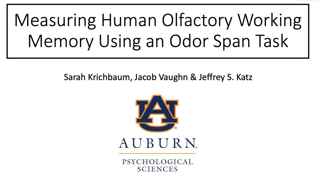AuburnCCL's tweet photo. Our lab has two poster presentations at this year's virtual @Psychonomic_Soc, available now for viewing! Fourth-year grad student @KrichbaumSarah presents results from a study on human olfactory memory using the odor span task (Working Memory - 3083) #psynom20 https://t.co/GtZ7zwzb65