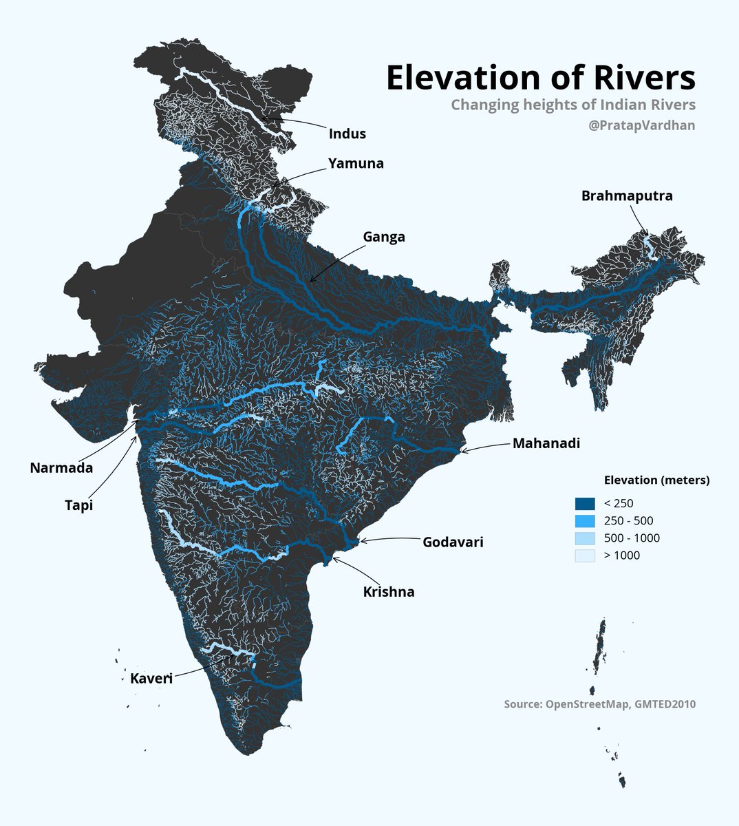 Elevation of Rivers:  #30DayMapChallenge Day 05: BlueAttempt to understand changing heights of Indian Rivers from  @openstreetmap and DEM data.Made with  @matplotlib  #rasterio  #openstreetmap  #python