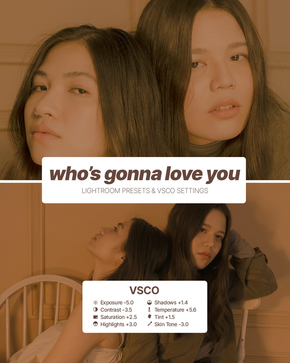 LeanneAndNaara's tweet photo. Another Lightroom and VSCO preset giveaway for you loves to recreate our #WGLY look! Feel free to adjust settings and tag us on your edits. ๐งก leanneandnaara.lnk.tio/wglyfilters https://t.co/lwnJkfMcL5