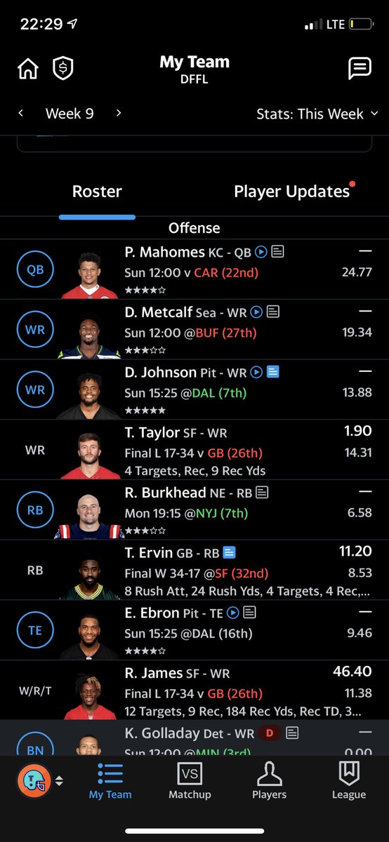 That_guyy_'s tweet photo. @PFF_Fantasy Team is trash and everyone else is injured 😂 picked him up 10 min before the game 😅 https://t.co/6OU572F68g