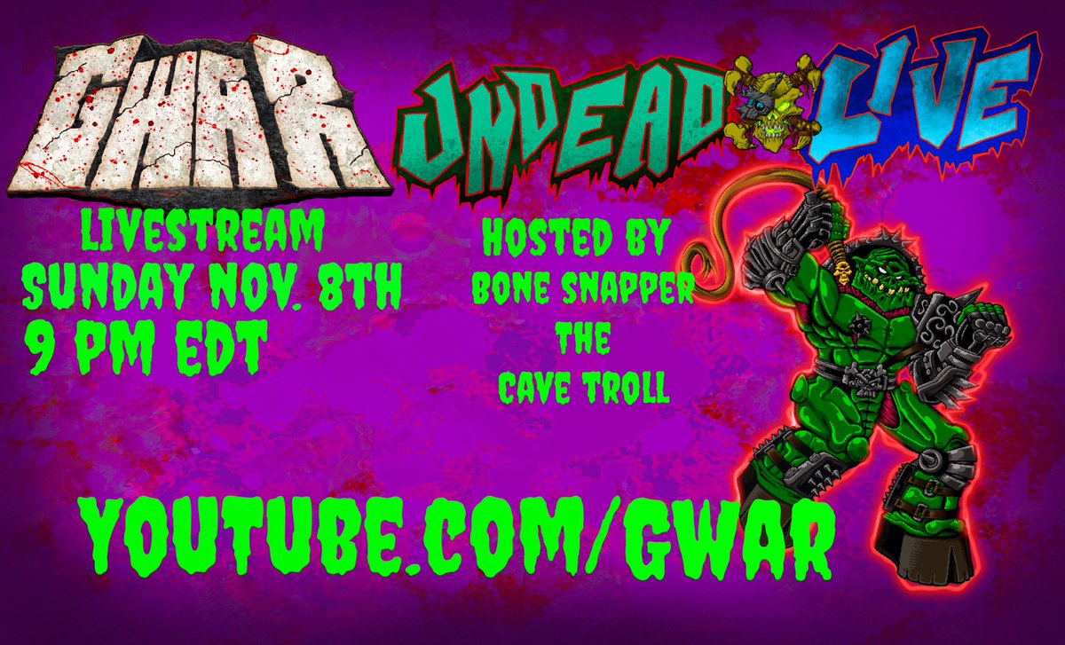 gwar's tweet photo. Sunday night is Undead Live night! Bonesnapper is peaking out of his cave for a bit to answer your stupid questions... Tune in to get yelled at! Only on https://t.co/JpnTJcqMcR maggots! #GWAR #UndeadLive #Bonesnapper https://t.co/zcXVNVSOLq