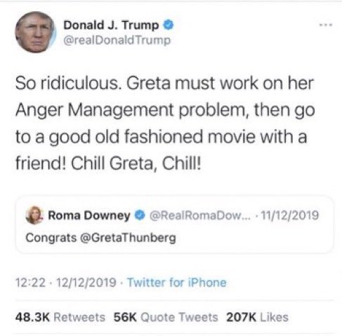 VeggiePowered's tweet photo. i live to one day strike like @GretaThunberg 

poor donnie 

#TrumpMeltdown https://t.co/m9m2mb2Age