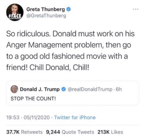 VeggiePowered's tweet photo. i live to one day strike like @GretaThunberg 

poor donnie 

#TrumpMeltdown https://t.co/m9m2mb2Age