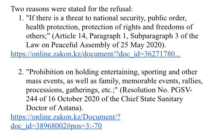 Veritas_kz's tweet photo. (2/5) #Astana
On 16 October 2020, the authorities of Kazakhstan illegally ruled against holding a peaceful rally in response to a notice given by members of the human rights movement "Veritas" #Zhakupova Aliya and #Temirkhan Gulzhanat.
 Two reasons were stated for the refusal👇: https://t.co/ORutNBdtAj