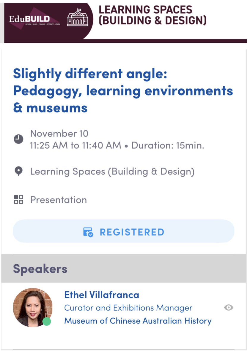 ethelee22's tweet photo. Join me on Tuesday, 1125AM at @EduTECH_AU ! Register for FREE using discount code "SOCIALFREE" at https://t.co/Ovs5MXkyoc #TeamILETC @projectILETC #curatedlearning #teaching #learning #museum #classroom #pedagogy #learningenvironments https://t.co/mau4sRQ0Xu