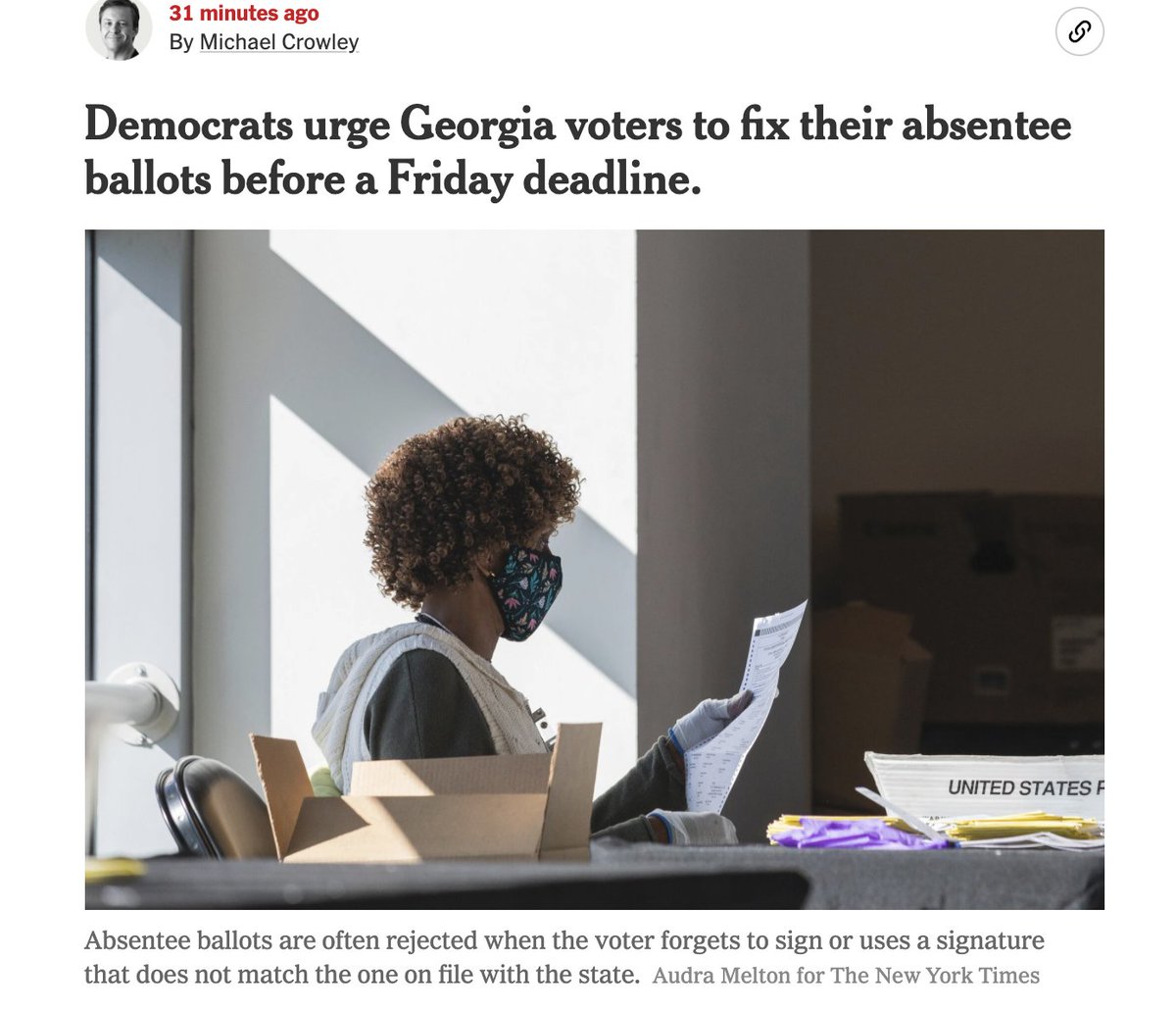 tiffanyshlain's tweet photo. Please RT. "With #Georgia’s 16 electoral votes likely to be decided by a tiny margin, #Democrats are urging voters there to fix absentee ballots that were rejected because of invalid or missing signatures before the deadline on Friday evening."  Full article on NYTimes homepage https://t.co/QpSs7EMUVQ