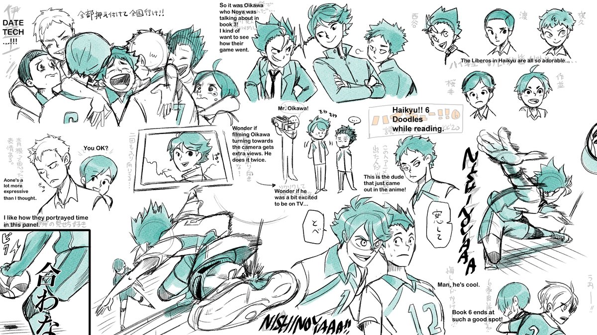 English notes for book 6. Lots of screaming for Nishinoya because it's Nishinoya. Also there's a bit of me sobbing over Date Tech especially since the book had a short comic at the end showing what the third years were doing after they realize that was their last game. 