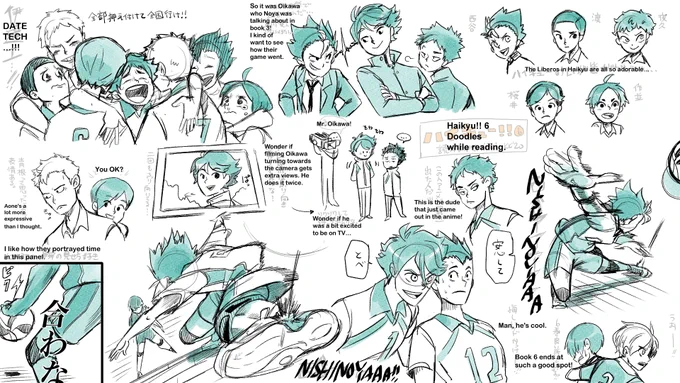 English notes for book 6. Lots of screaming for Nishinoya because it's Nishinoya. Also there's a bit of me sobbing over Date Tech especially since the book had a short comic at the end showing what the third years were doing after they realize that was their last game. 