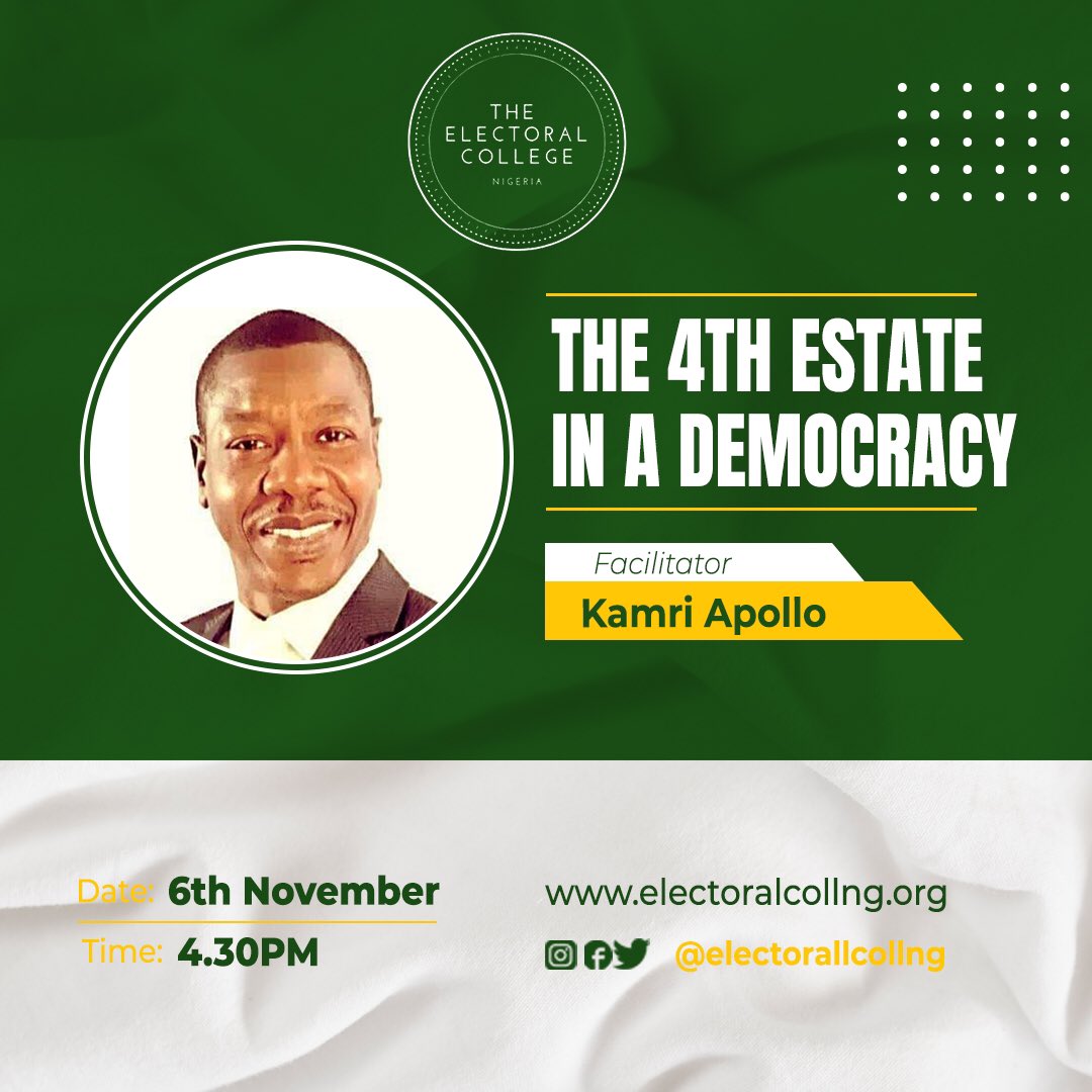 electoralcollng's tweet photo. Today on our #Politeracy and #Governance class
Topic: The 4th Estate
Facilitator: @kamri_apollo
Time: 4pm
#4thestate #ElectoralcollNG #TELAF https://t.co/qVDv12Pg00