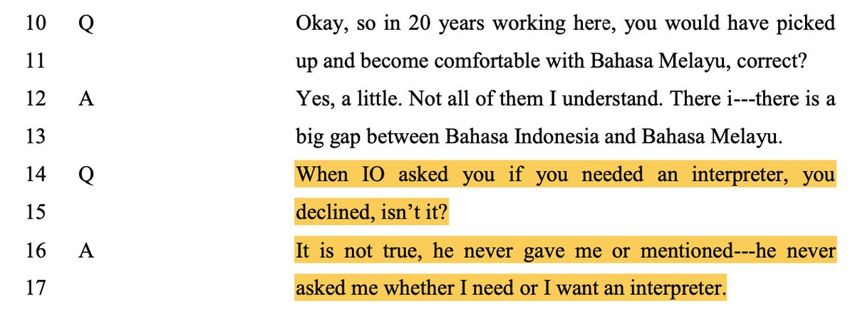 10) During Parti's cross-examination by the Prosecutor at the State Court, she clearly stated that she *did not feel comfortable* speaking in Malay and that she *was not given a choice*. She also said that she didn't know she could ask for an interpreter.