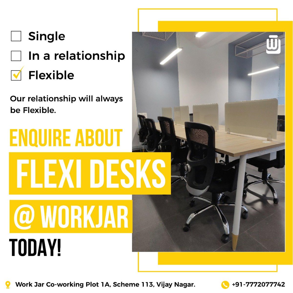 the_workjar's tweet photo. Without further ado, enquire today!
Flexible desk for your flexible working style.
Contact at 7772077742 to book a free tour.
#workhard #wonderfulcommunity #sanitizedworkspaces #workjar #workjarmate #coworking #coworkingindore #indore #vijaynagar #corporate #freewifi #coexist https://t.co/nrTRKZUr7T