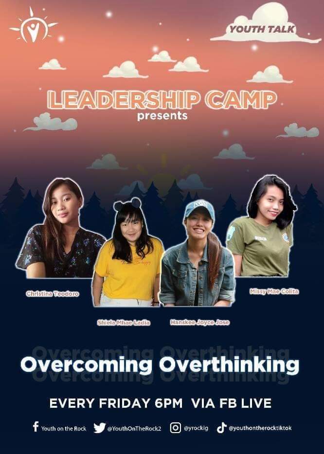 Don't overthink . Just let it go!

Overthinking can lead to a lot of problems - anxiety, insomnia and insecurities.

Today we will talk about how to overcome overthinking.

See you later at 6pm Genzers!

#YouthontheRock
#OvercomingOverthinking