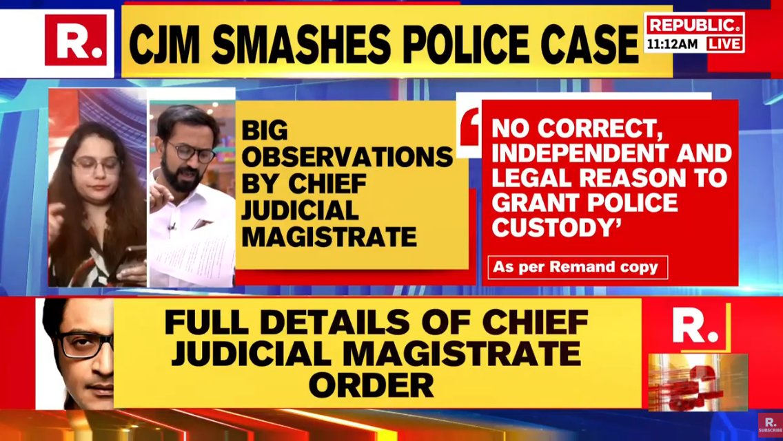 republic's tweet photo. #BREAKING on #IndiaWithArnab | Full details of CJM's order smashing police case; remand copy says 'no correct, independent and legal reason to grant police custody'; Sign the petition for #ArnabGoswami at https://t.co/Y9zlarecVl; Watch #LIVE here - https://t.co/RZHKU3wOei https://t.co/WaB7p6ojxp