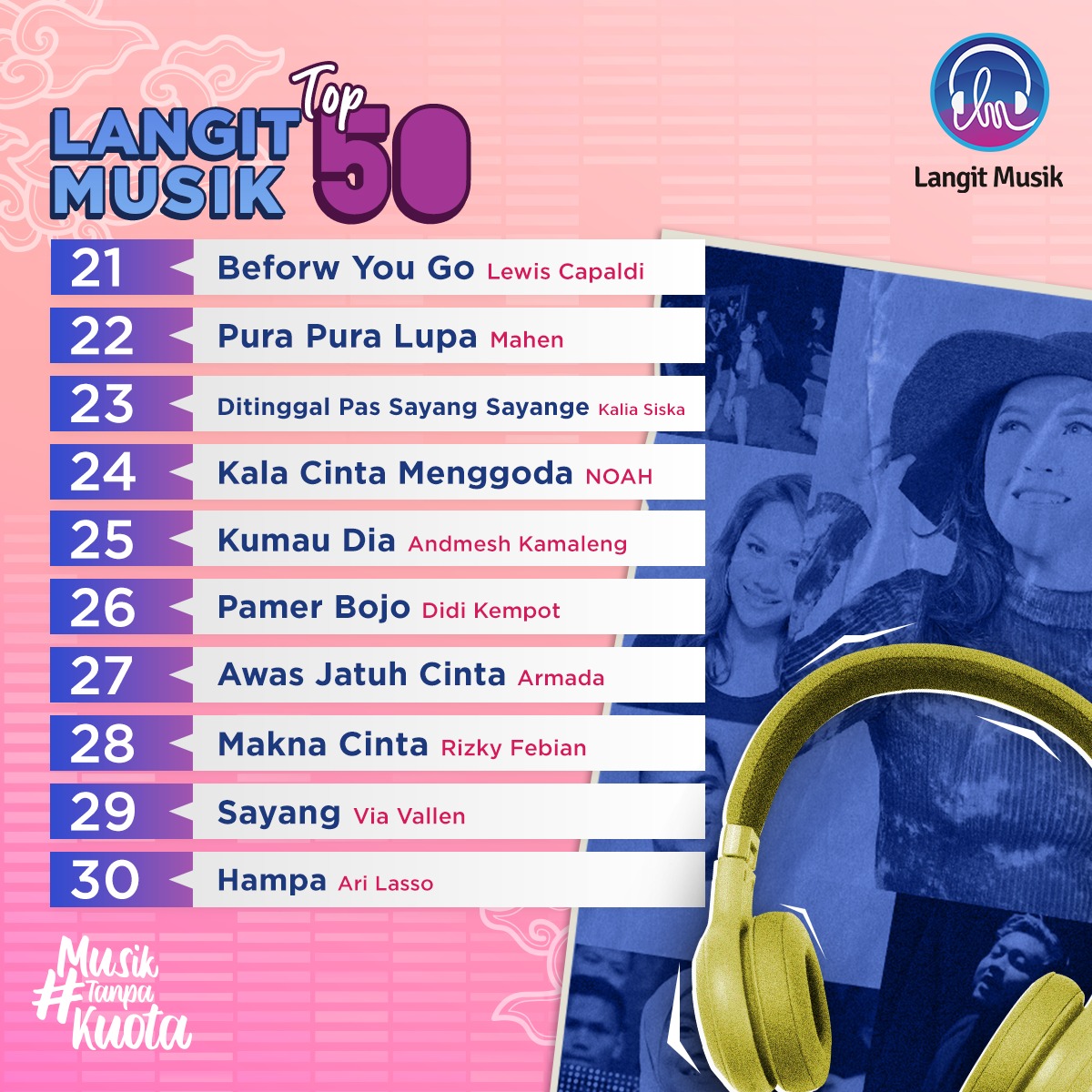 LangitMusik's tweet photo. Waktunya Langit Musik Top 50 bulan Oktober, udah penasaran kan sama chart di bulan Oktober?
Nah ini dia musisi yang berhasil masuk di Langit Musik Top 50 bulan Oktober 2020 dari urutan 11 - 50.
#LangitMusik #MusikTanpaKuota #LangitMusikTop50 #TopSongOktober #chart2020 https://t.co/ym4Nzuuo5O
