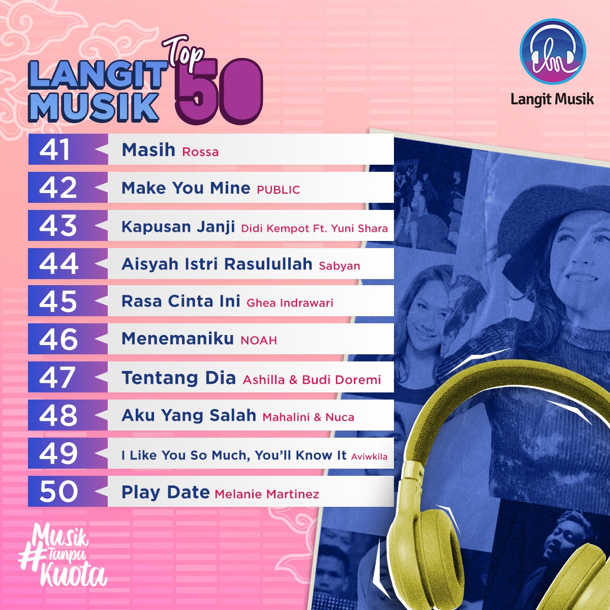 LangitMusik's tweet photo. Waktunya Langit Musik Top 50 bulan Oktober, udah penasaran kan sama chart di bulan Oktober?
Nah ini dia musisi yang berhasil masuk di Langit Musik Top 50 bulan Oktober 2020 dari urutan 11 - 50.
#LangitMusik #MusikTanpaKuota #LangitMusikTop50 #TopSongOktober #chart2020 https://t.co/ym4Nzuuo5O