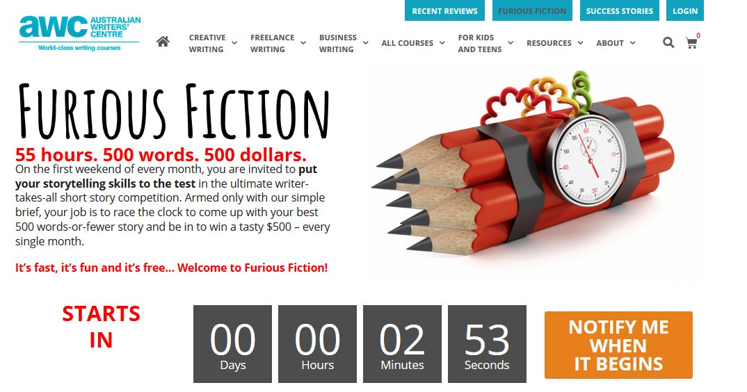 janehhodgkinson's tweet image. @WritersCentreAU 
Woohoo - countdown...
First Friday of the month
FOUR o'clock( AEST) start
Five hundred words
Fifty Five Hours
Fabulous. Fun. Furious. #finking