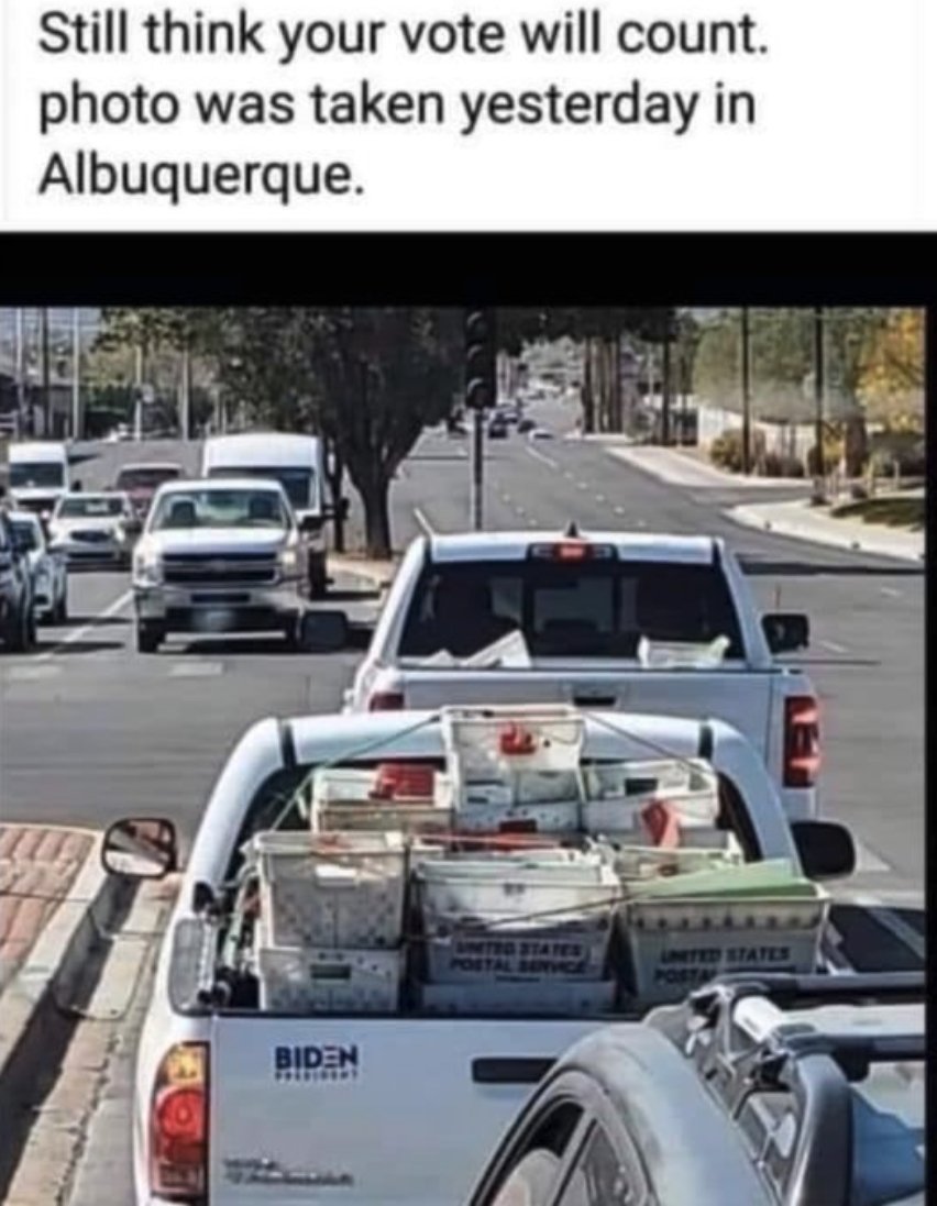 101/ Apologies. Someone just alerted me #68 an #69 in this thread are the same photo. They should be showing two diff screenshots -- both alleging the same truck w/ ballots was in their cities despite them being two different cities (Albuquerque and Phoenix). Lazy lies!