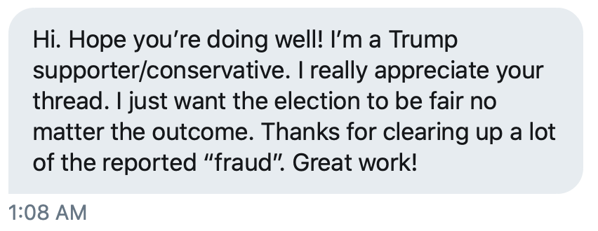 102/ I just got this DM. Been getting similar DMs like this all night. This stuff works, folks. People are not rubes — they can be moved by evidence. Holding the line on these allegations matters. When they aren't addressed, doubt creates paranoia. Please keep sharing. NEXT