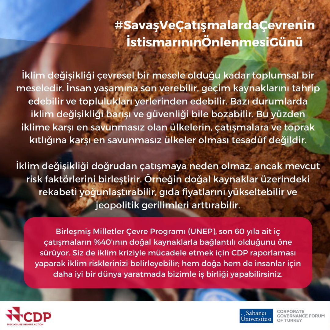 CDPTurkey's tweet photo. Bugün 6 Kasım #SavaşveÇatışmalardaÇevreninİstismarınınÖnlenmesiGünü

İklim değişikliği çevresel bir mesele olduğu kadar toplumsal bir meseledir. İnsan yaşamına son verebilir, geçim kaynaklarını tahrip edebilir ve toplulukları yerlerinden edebilir. #CDP #CDPTurkey #ObservanceDays https://t.co/MHaJDc0Wtu